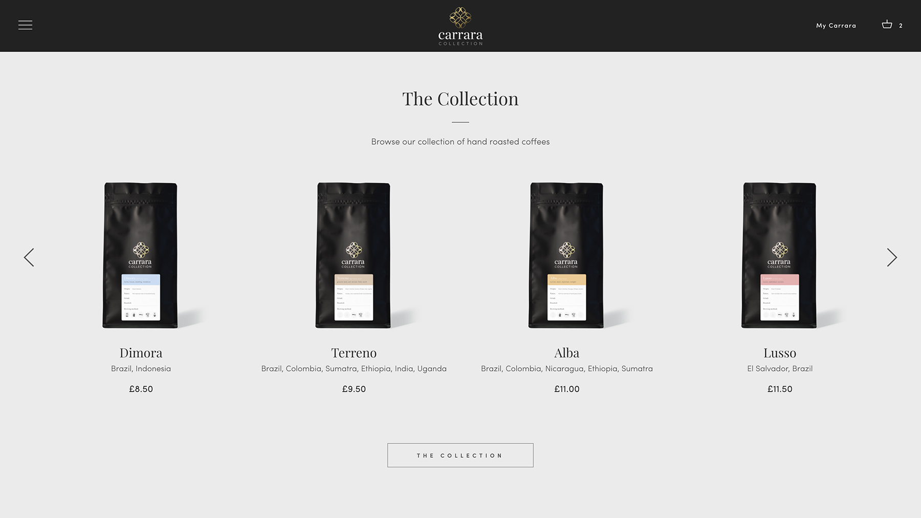 Carrara Coffee Roasters online shopify design and development